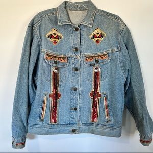 OOAK Vintage Lee Denim Jacket Western Native Embellished Amazing Sz L